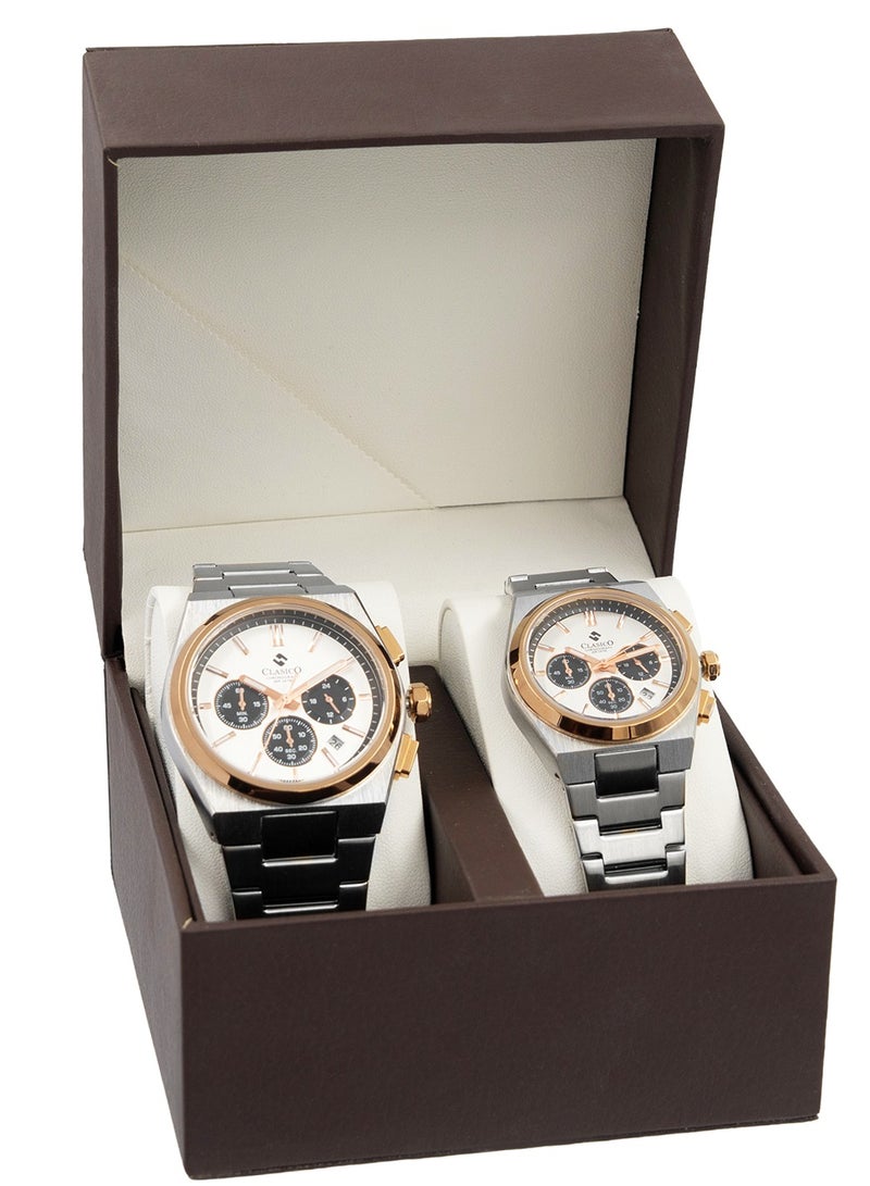Clasico Eclipse Couple Edition – Silver Radiance with Gold Detailing – 6-Hands Chronograph Watch with Steel Strap – Waterproof Design – Watch Gift Set 40mm & 32mm  - Image 3