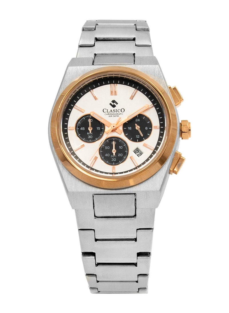 Clasico Eclipse Couple Edition – Silver Radiance with Gold Detailing – 6-Hands Chronograph Watch with Steel Strap – Waterproof Design – Watch Gift Set 40mm & 32mm  - Image 4
