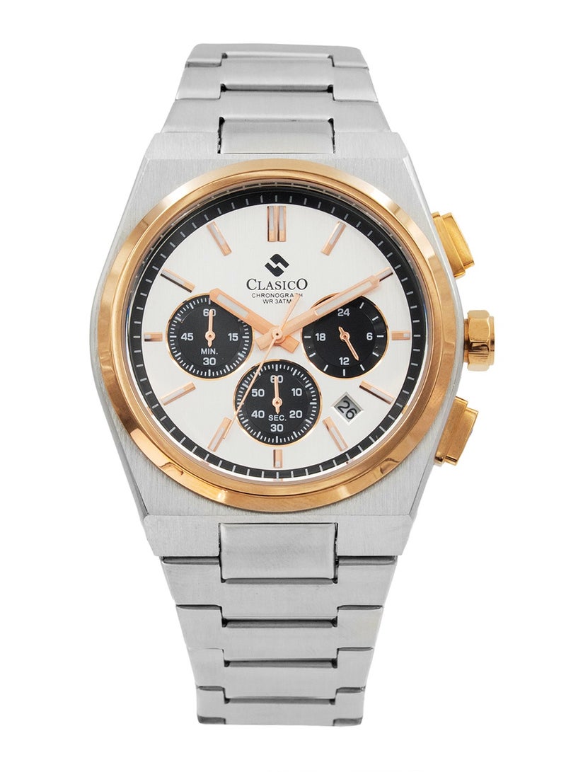 Clasico Eclipse Couple Edition – Silver Radiance with Gold Detailing – 6-Hands Chronograph Watch with Steel Strap – Waterproof Design – Watch Gift Set 40mm & 32mm  - Image 5