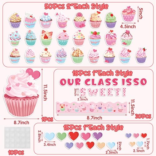 CPicdn 124Pcs Valentine's Day Cupcake Bulletin Board Classroom Decoration Set Our Class is So Sweet Cupcake Hearts Cutouts Valentine's Birthday Party Supplies School Classroom Chalkboard Wall Decor - Image 2
