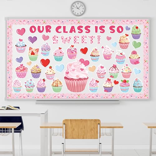 CPicdn 124Pcs Valentine's Day Cupcake Bulletin Board Classroom Decoration Set Our Class is So Sweet Cupcake Hearts Cutouts Valentine's Birthday Party Supplies School Classroom Chalkboard Wall Decor - Image 4