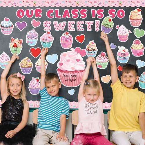 CPicdn 124Pcs Valentine's Day Cupcake Bulletin Board Classroom Decoration Set Our Class is So Sweet Cupcake Hearts Cutouts Valentine's Birthday Party Supplies School Classroom Chalkboard Wall Decor - Image 5