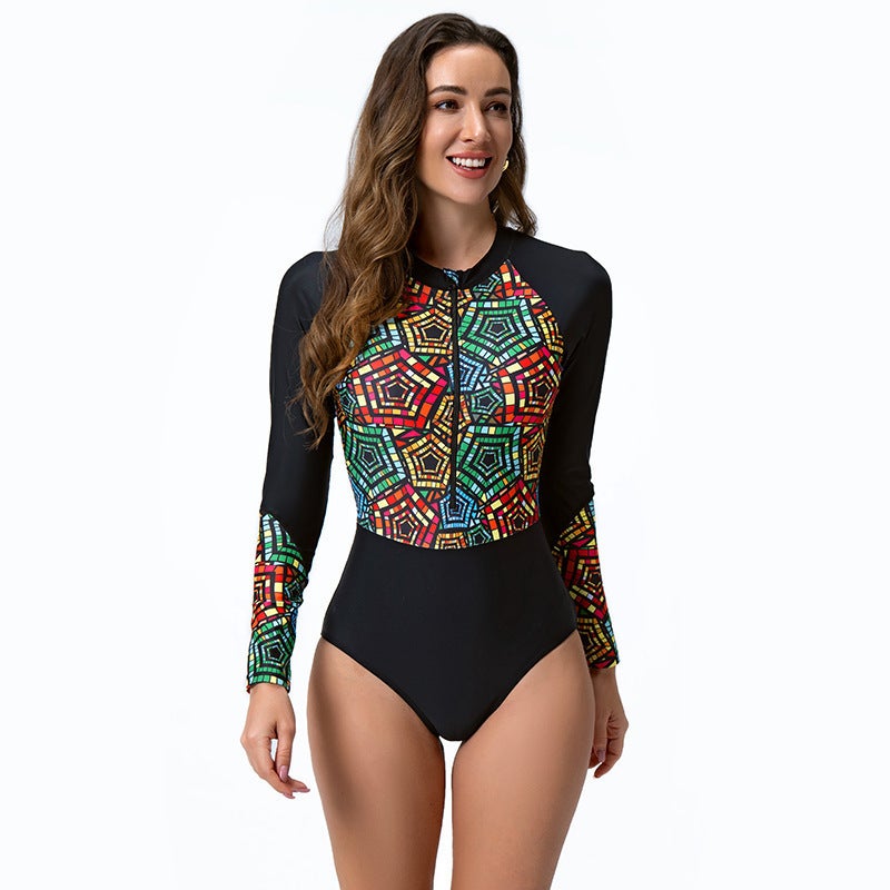 Sports Swimsuit One-Piece Long Sleeve Anti-Sports High Elastic Fabric Zipper Printed Tight Swimsuit - Image 3