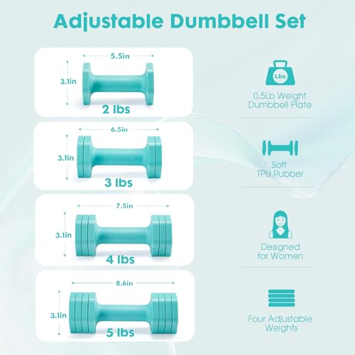EQUIPRO Adjustable Dumbbell Set, 4 in 1 Weights for Women at Home, Hand Weights Dumbbells for Women, Each 2lb 3lb 4lb 5lb Fast Adjust Weight with Soft TPU Handle for Home Gym Exercise Training - Image 4