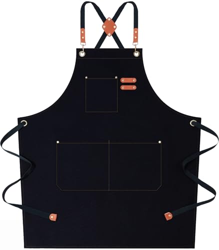 AFUN Chef Aprons for Women Men with Large Pockets, Cotton Canvas Cross Back Water Repellent Work Apron, Size M to XXL (Black) - Image 1