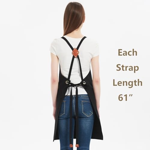 AFUN Chef Aprons for Women Men with Large Pockets, Cotton Canvas Cross Back Water Repellent Work Apron, Size M to XXL (Black) - Image 3