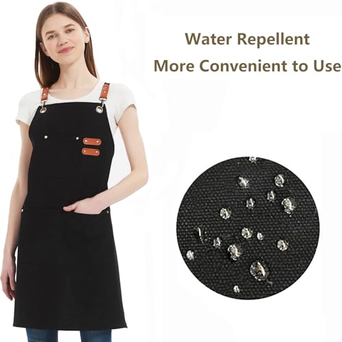 AFUN Chef Aprons for Women Men with Large Pockets, Cotton Canvas Cross Back Water Repellent Work Apron, Size M to XXL (Black) - Image 2