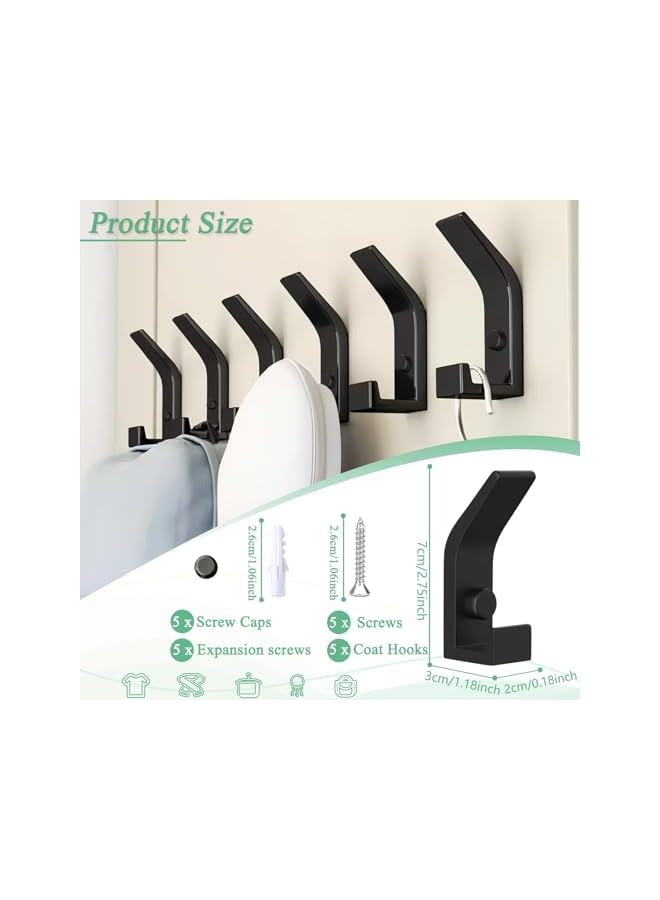 promass 5 Pack Coat Hooks for Hanging, Heavy Duty Hat and Coat Hanger with Fixing Screws, Dual Wall-Mounted Hooks for Clothes, Robes, Towels, Ideal for Door, Bathroom, Bedroom (Black) - Image 5