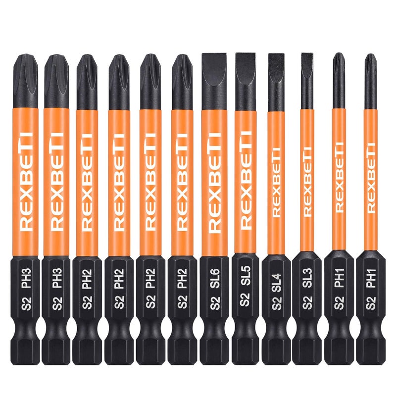 REXBETI REXBETI 12 Piece Slotted Phillips Screwdriver Bit Set, 1/4 Inch Hex Shank S2 Steel Magnetic 3 Inch Long Drill Bits (Slotted Set)  - Image 1