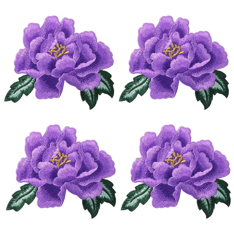 Mini Skater Peony Floral Embroidered Iron OnSew On Patches Flower Repair Decorative Patch Applique for Clothes Denim Jackets TShirt Dress Backpacks Jeans Hats DIY Accessory 2 Pairs4PCS Purple - Image 3