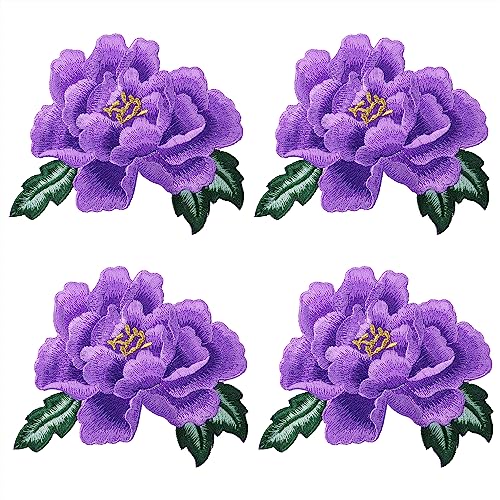 Mini Skater Peony Floral Embroidered Iron OnSew On Patches Flower Repair Decorative Patch Applique for Clothes Denim Jackets TShirt Dress Backpacks Jeans Hats DIY Accessory 2 Pairs4PCS Purple - Image 1