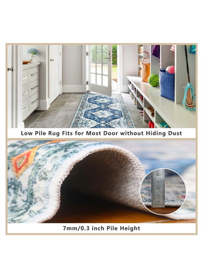 DMLNN DMLNN Washable Runner Rug 2'x8' Non Slip Boho Kitchen Runner Rug with Rubber Backing, Low Pile Soft Faux Wool Vintage Runner for Kitchen, Bedroom, Laundry, Entryway Indoor - Blue  - Image 4
