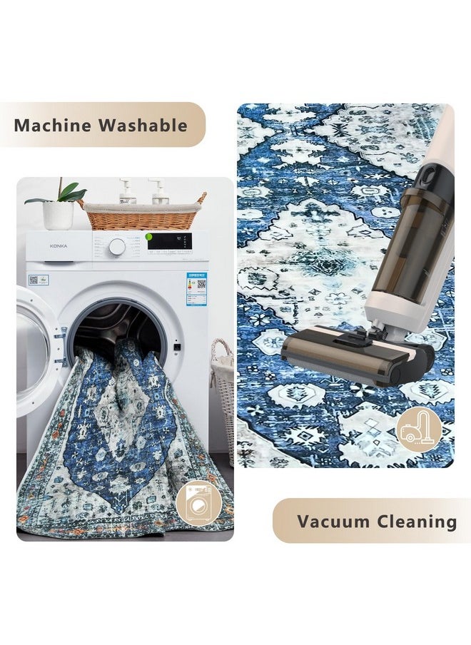DMLNN DMLNN Washable Runner Rug 2'x8' Non Slip Boho Kitchen Runner Rug with Rubber Backing, Low Pile Soft Faux Wool Vintage Runner for Kitchen, Bedroom, Laundry, Entryway Indoor - Blue  - Image 3