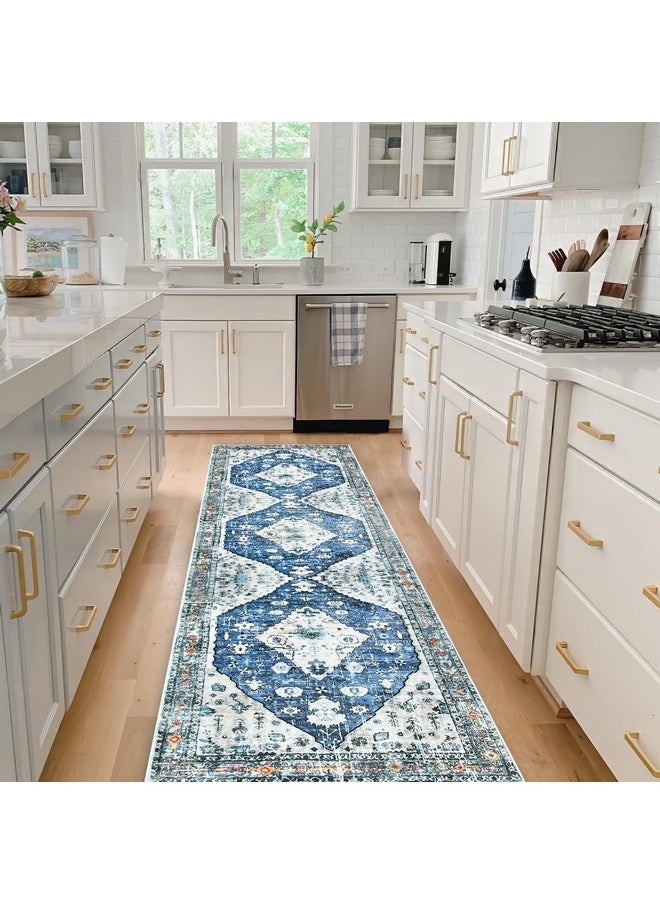 DMLNN DMLNN Washable Runner Rug 2'x8' Non Slip Boho Kitchen Runner Rug with Rubber Backing, Low Pile Soft Faux Wool Vintage Runner for Kitchen, Bedroom, Laundry, Entryway Indoor - Blue  - Image 1