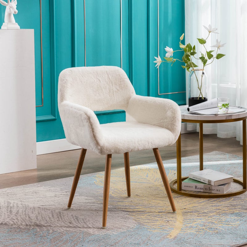 KCC Furry Desk Chair, Mid-Century Modern Accent Comfy Armchair with Faux Fur for Teen Girls, Wood Look Metal Legs Living Dining Room, Home Vanity Makeup Office No Wheel, White. - Image 3
