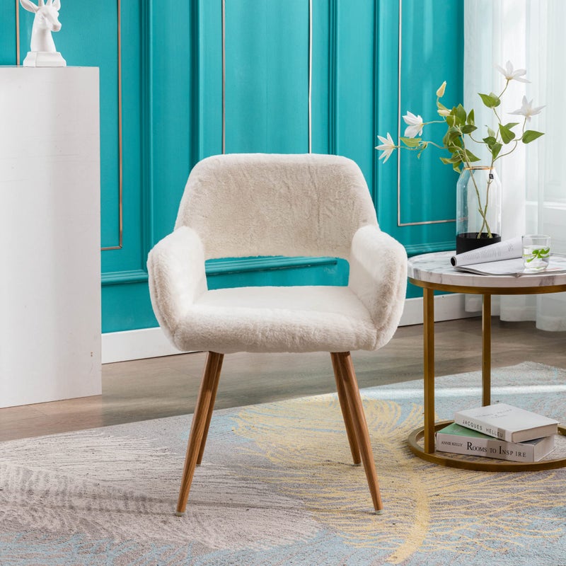 KCC Furry Desk Chair, Mid-Century Modern Accent Comfy Armchair with Faux Fur for Teen Girls, Wood Look Metal Legs Living Dining Room, Home Vanity Makeup Office No Wheel, White. - Image 4