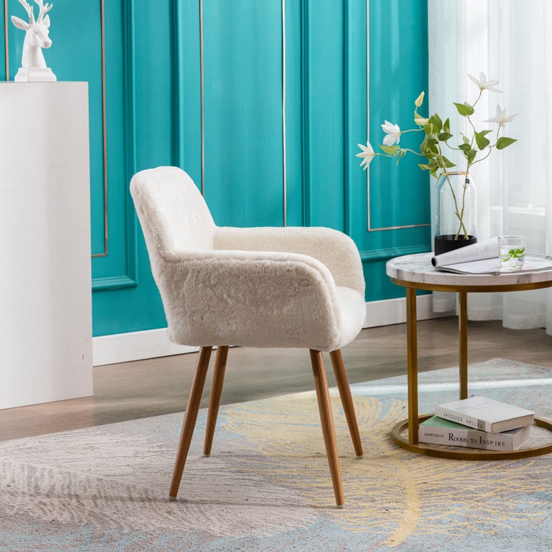 KCC Furry Desk Chair, Mid-Century Modern Accent Comfy Armchair with Faux Fur for Teen Girls, Wood Look Metal Legs Living Dining Room, Home Vanity Makeup Office No Wheel, White. - Image 5
