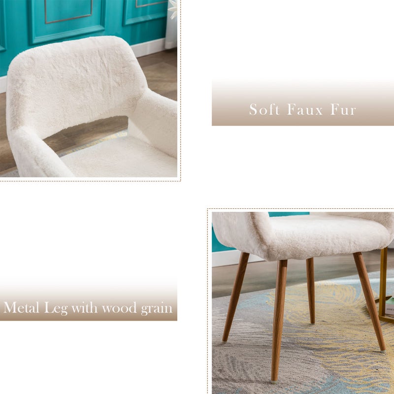 KCC Furry Desk Chair, Mid-Century Modern Accent Comfy Armchair with Faux Fur for Teen Girls, Wood Look Metal Legs Living Dining Room, Home Vanity Makeup Office No Wheel, White. - Image 2