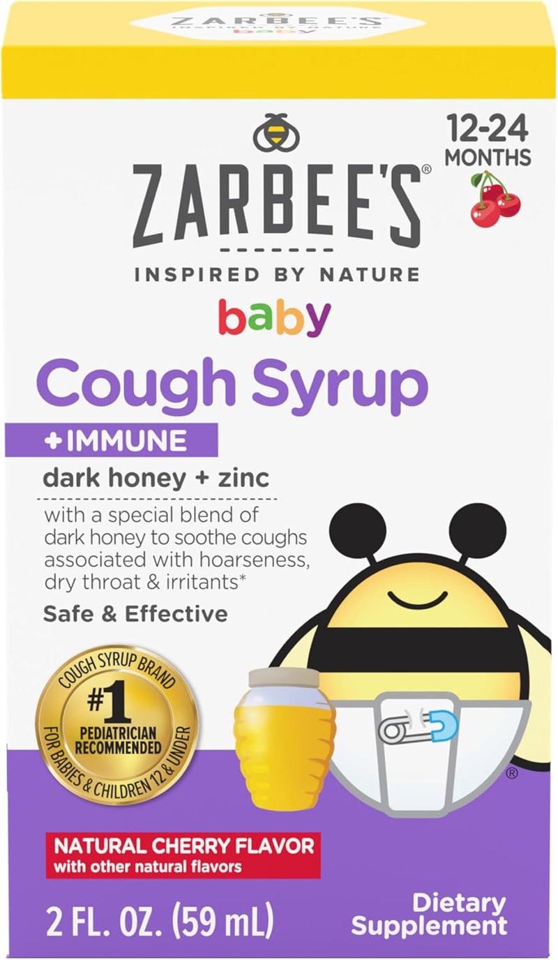 Zarbee's Baby Honey Cough Syrup + Immune for Babies 12-24 Months, Safe & Effective Cough Syrup with Soothing Dark Honey & Zinc for Immune Support*, Drug & Alcohol-Free, Cherry, 2 fl. oz