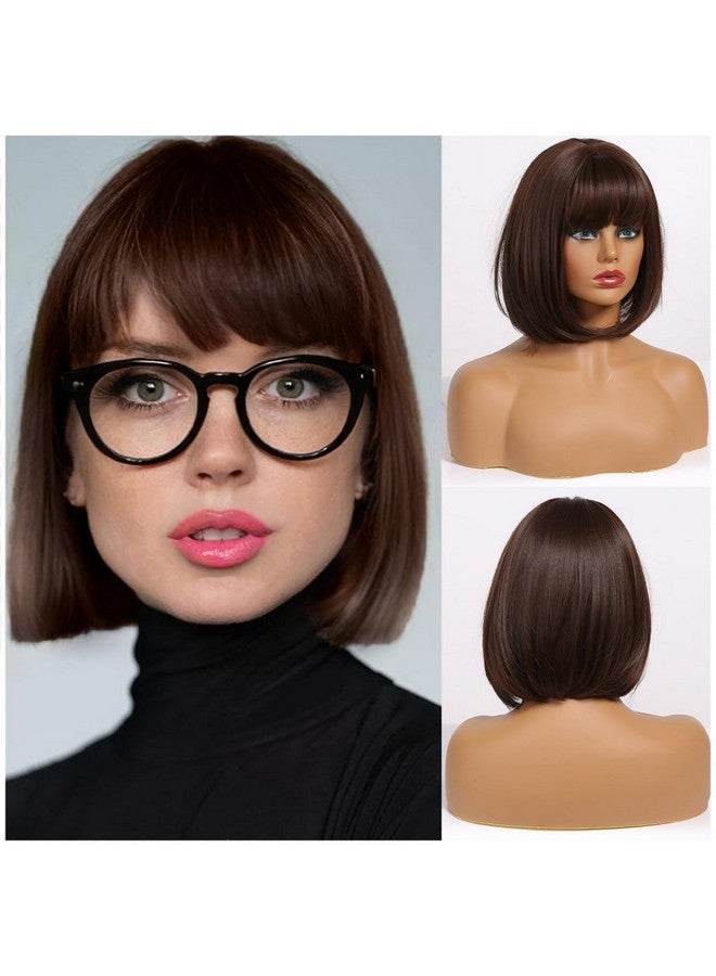 BERON Dark Brown Short Wigs Straight Bob Hair Wig For Women Wigs With Bangs Synthetic Daily Use Wigs Wig Cap Include - Image 1