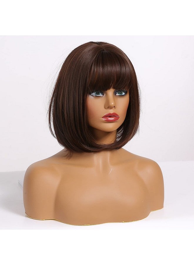 BERON Dark Brown Short Wigs Straight Bob Hair Wig For Women Wigs With Bangs Synthetic Daily Use Wigs Wig Cap Include - Image 3
