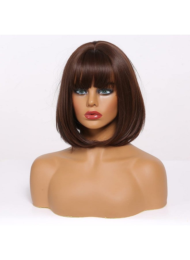 BERON Dark Brown Short Wigs Straight Bob Hair Wig For Women Wigs With Bangs Synthetic Daily Use Wigs Wig Cap Include - Image 4