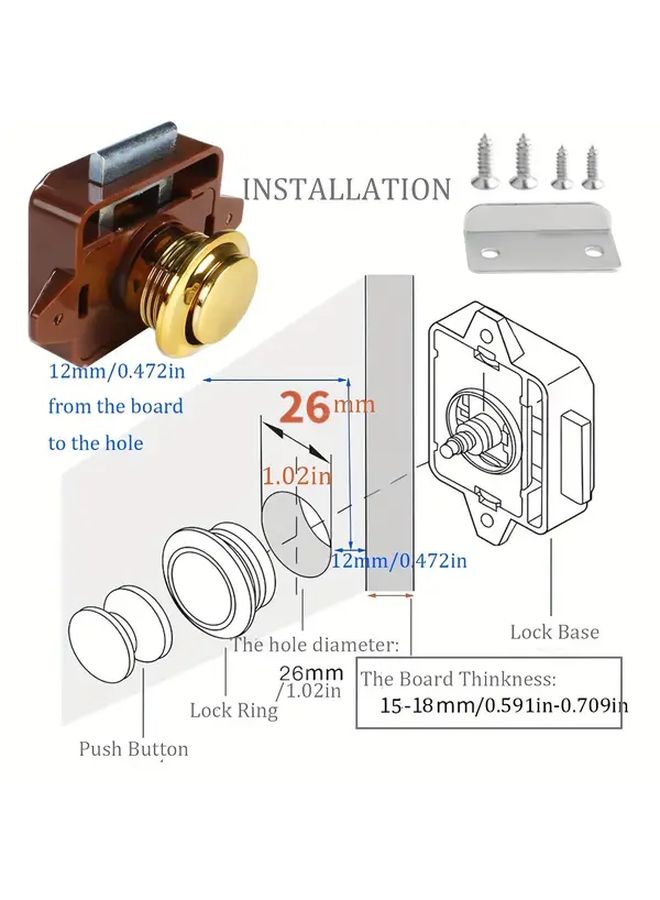 5pcs Golden Keyless RV Cabinet Locks with Big Push Button Easy Installation Kit Included - Image 2
