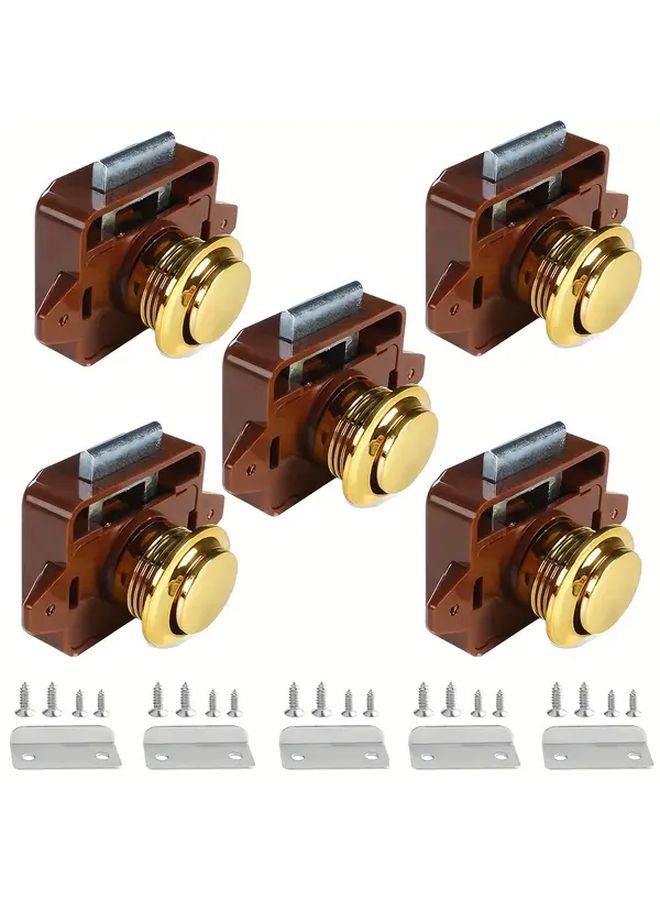 5pcs Golden Keyless RV Cabinet Locks with Big Push Button Easy Installation Kit Included - Image 1