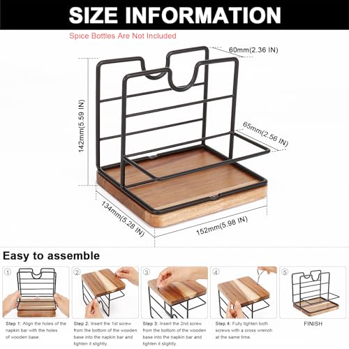 Livabber Napkin Holder, Metal Napkin Storage with Salt and Pepper Shakers Caddy Modern Napkin Dispenser for Table Kitchen Countertop, Not Including Salt and Pepper Shakers (Middle Wooden, Black) - Image 2