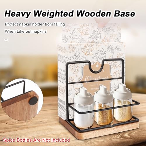 Livabber Napkin Holder, Metal Napkin Storage with Salt and Pepper Shakers Caddy Modern Napkin Dispenser for Table Kitchen Countertop, Not Including Salt and Pepper Shakers (Middle Wooden, Black) - Image 5