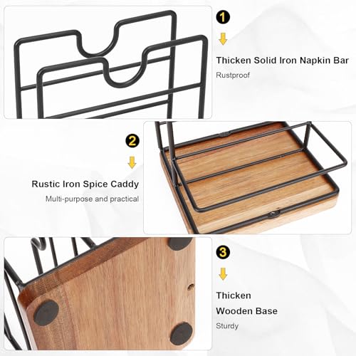 Livabber Napkin Holder, Metal Napkin Storage with Salt and Pepper Shakers Caddy Modern Napkin Dispenser for Table Kitchen Countertop, Not Including Salt and Pepper Shakers (Middle Wooden, Black) - Image 3