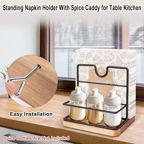 Livabber Napkin Holder, Metal Napkin Storage with Salt and Pepper Shakers Caddy Modern Napkin Dispenser for Table Kitchen Countertop, Not Including Salt and Pepper Shakers (Middle Wooden, Black) - Image 4