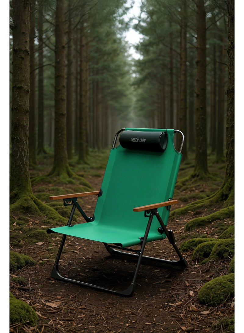 GREEN LION Coast Adjustable Camping Chair with 4 Adjustable Angles / Removable Pillow / Lightweight & Foldable Design / Anti-Slip Foot Base / 120kg Capacity - Green - Image 2