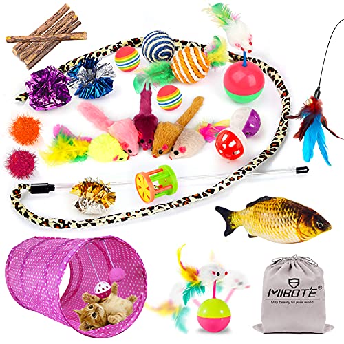 MIBOTE 28Pcs Cat Toys Kitten Toys Assorted Cat Tunnel Catnip Fish Feather Teaser Wand Fish Fluffy Mouse Mice Balls and Bells Toys for Indoor Cat Puppy Kitty Interactive Cat Toy Set - Image 1
