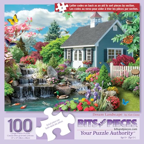 Bits and Pieces 100 Piece Jigsaw Puzzle for Adults Dream Landscape Spring Flowers Birds Jigsaw Puzzle by Alan Giana Completed Puzzle Size 15 x 19 - Image 1