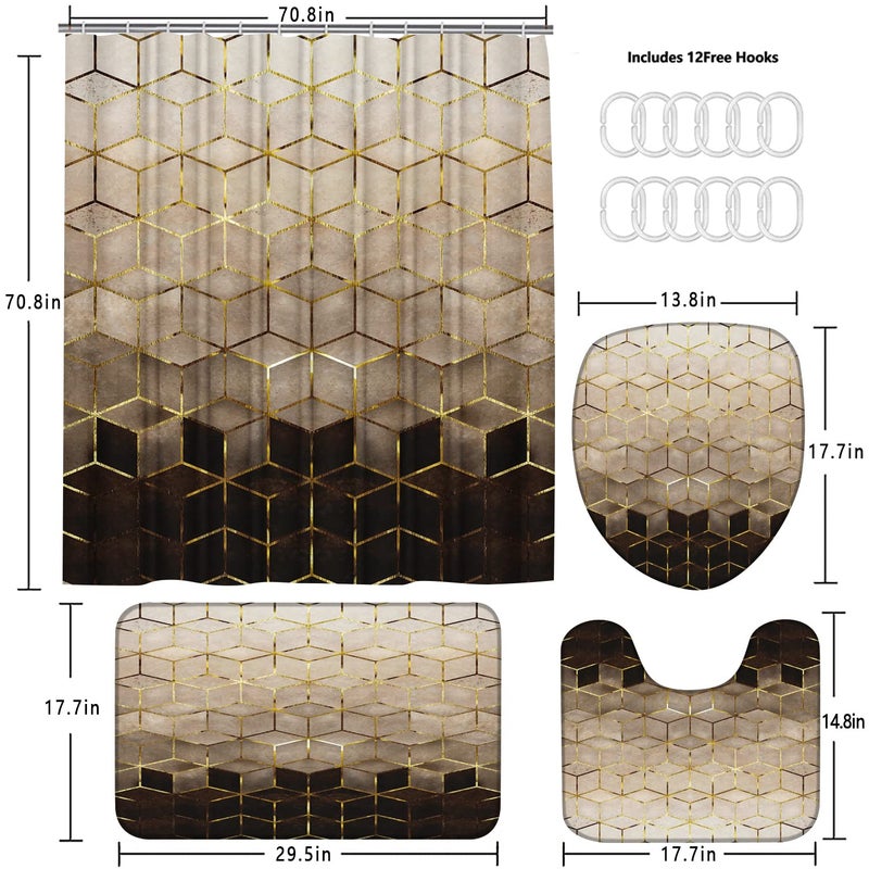LQCOOL 4Pcs Brown Gradient Shower Curtain Set, Modern Geometric Shower Curtain Set Golden Cubic Lines Bathroom Set Texture Art Bath Accessories with Mats - Image 4