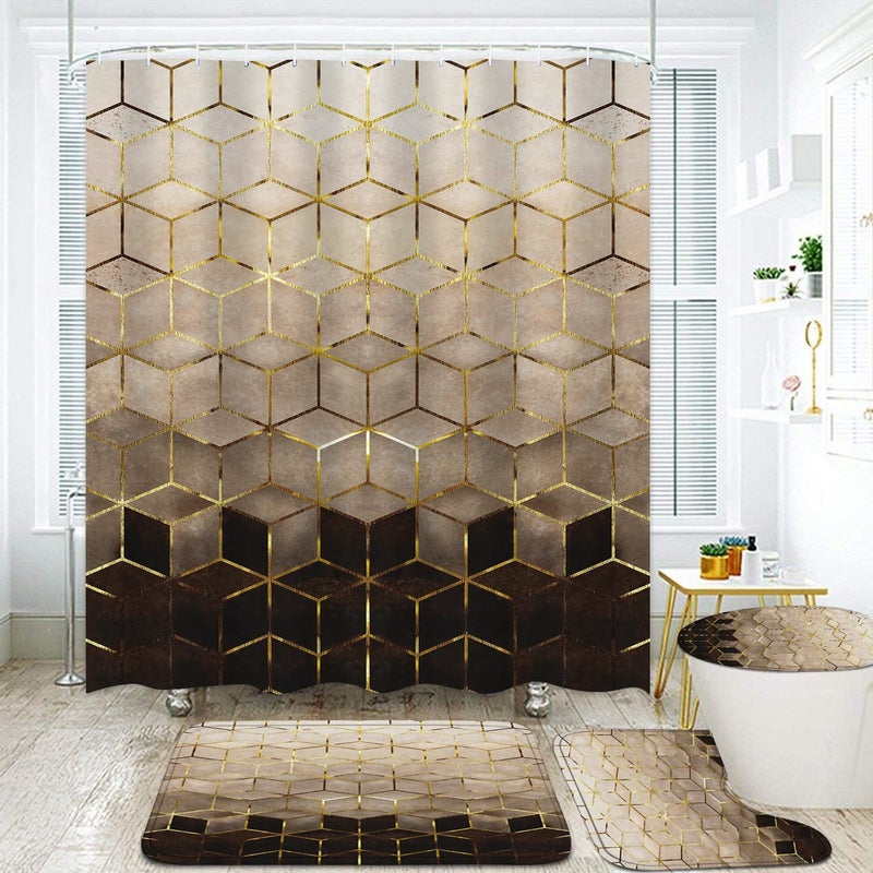 LQCOOL 4Pcs Brown Gradient Shower Curtain Set, Modern Geometric Shower Curtain Set Golden Cubic Lines Bathroom Set Texture Art Bath Accessories with Mats - Image 1