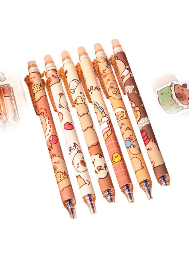 Touch Fish Erasable Pen, Thermal Erasable Gel Pen, Stylish Cute Creative Cartoon, Girly Style, For Students And Children, Handwriting Practice, Erasable Blue 0.5Mm, Capybara, 6-Pack - Image 2