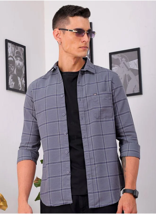 The Indian Garage Co Men Slim Fit Checkered Full Sleeves Cutaway Collar Casual Shirt