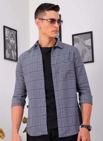 شركة المرآب الهندية Men Slim Fit Checkered Full Sleeves Cutaway Collar Casual Shirt
