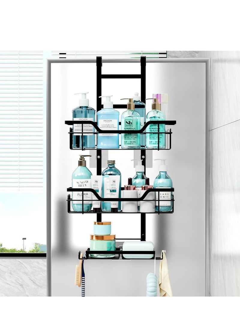 جوي وورلد علبة استحمام معلقة فوق الباب من Joyeworld، رف منظم حمام معلق أسود مقاوم للصدأ مكون من 3 طبقات بدون حفر رف منظم دش معلق مع خطافات وحامل صابون للحمامات - Image 1