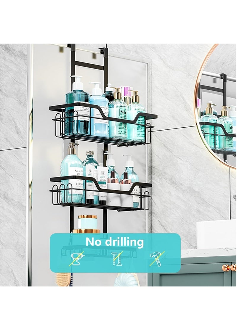 جوي وورلد علبة استحمام معلقة فوق الباب من Joyeworld، رف منظم حمام معلق أسود مقاوم للصدأ مكون من 3 طبقات بدون حفر رف منظم دش معلق مع خطافات وحامل صابون للحمامات - Image 2