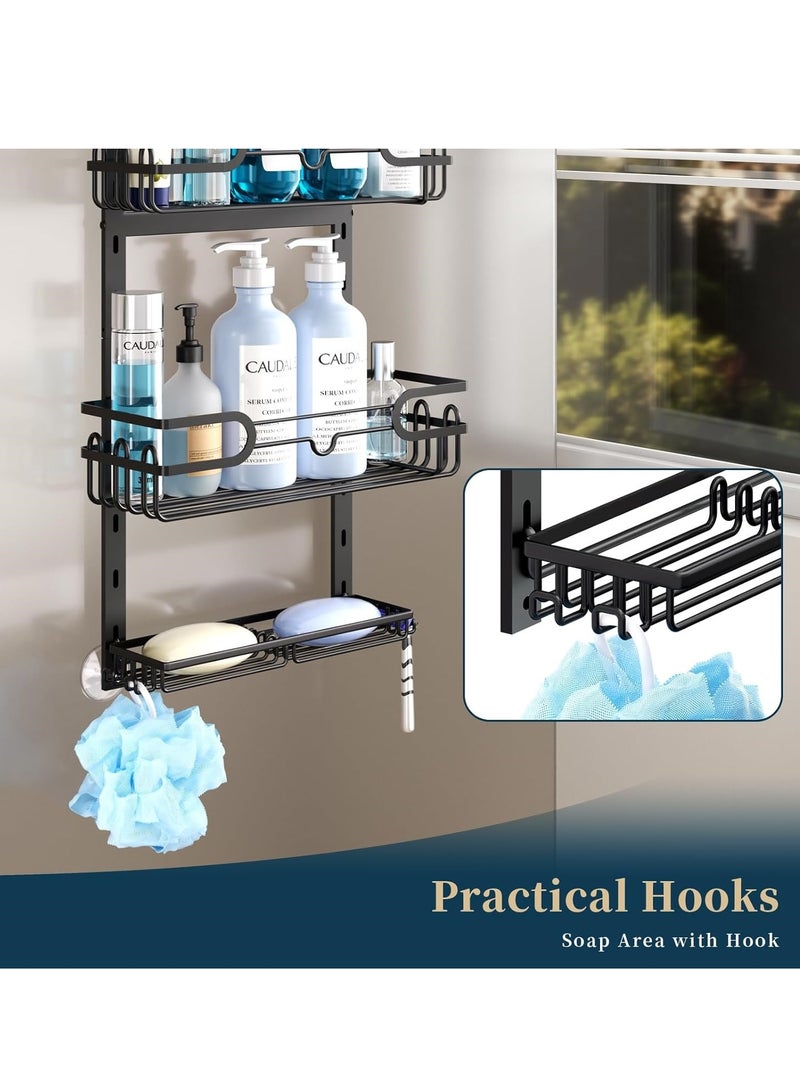 جوي وورلد علبة استحمام معلقة فوق الباب من Joyeworld، رف منظم حمام معلق أسود مقاوم للصدأ مكون من 3 طبقات بدون حفر رف منظم دش معلق مع خطافات وحامل صابون للحمامات - Image 3