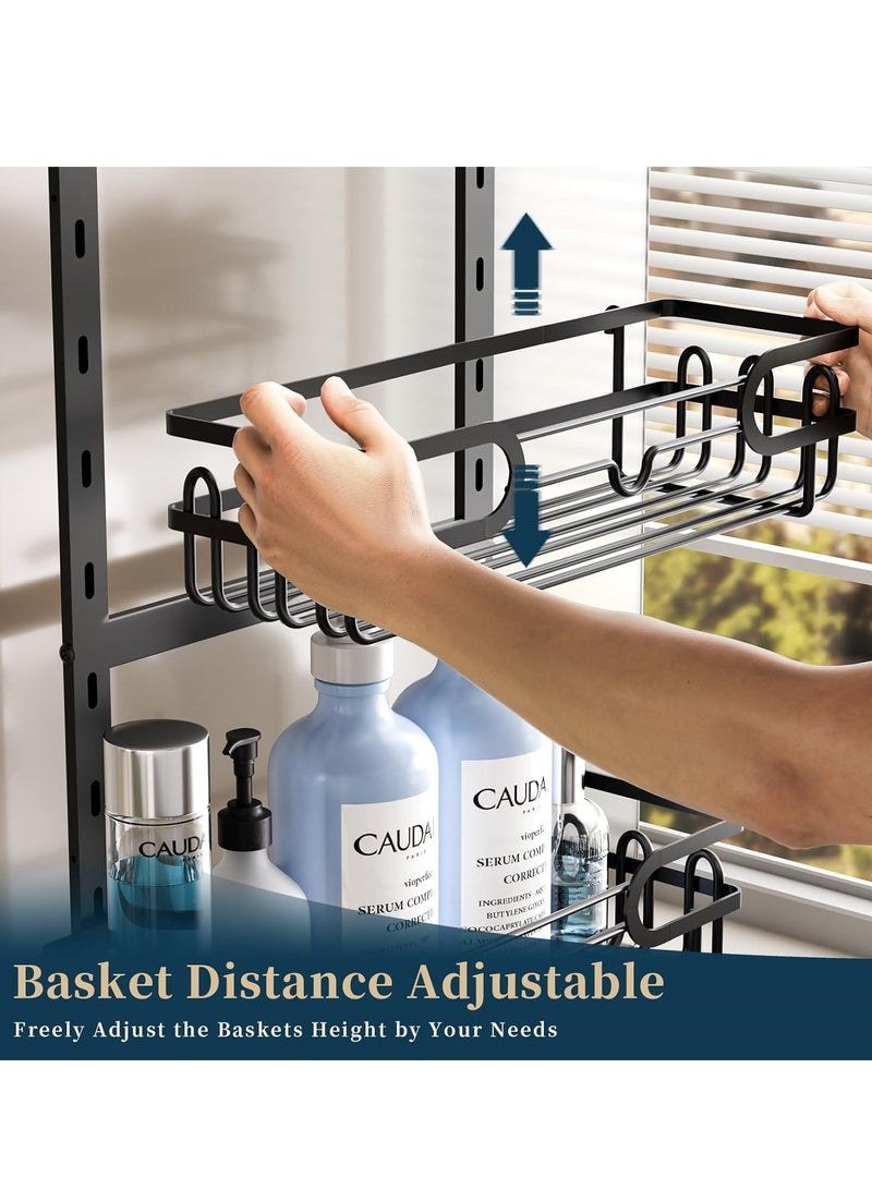 جوي وورلد علبة استحمام معلقة فوق الباب من Joyeworld، رف منظم حمام معلق أسود مقاوم للصدأ مكون من 3 طبقات بدون حفر رف منظم دش معلق مع خطافات وحامل صابون للحمامات - Image 4