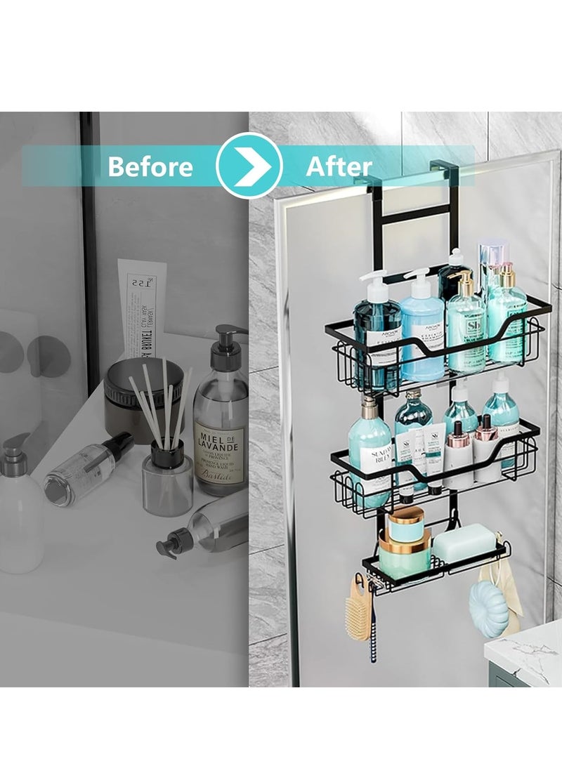 جوي وورلد علبة استحمام معلقة فوق الباب من Joyeworld، رف منظم حمام معلق أسود مقاوم للصدأ مكون من 3 طبقات بدون حفر رف منظم دش معلق مع خطافات وحامل صابون للحمامات - Image 5