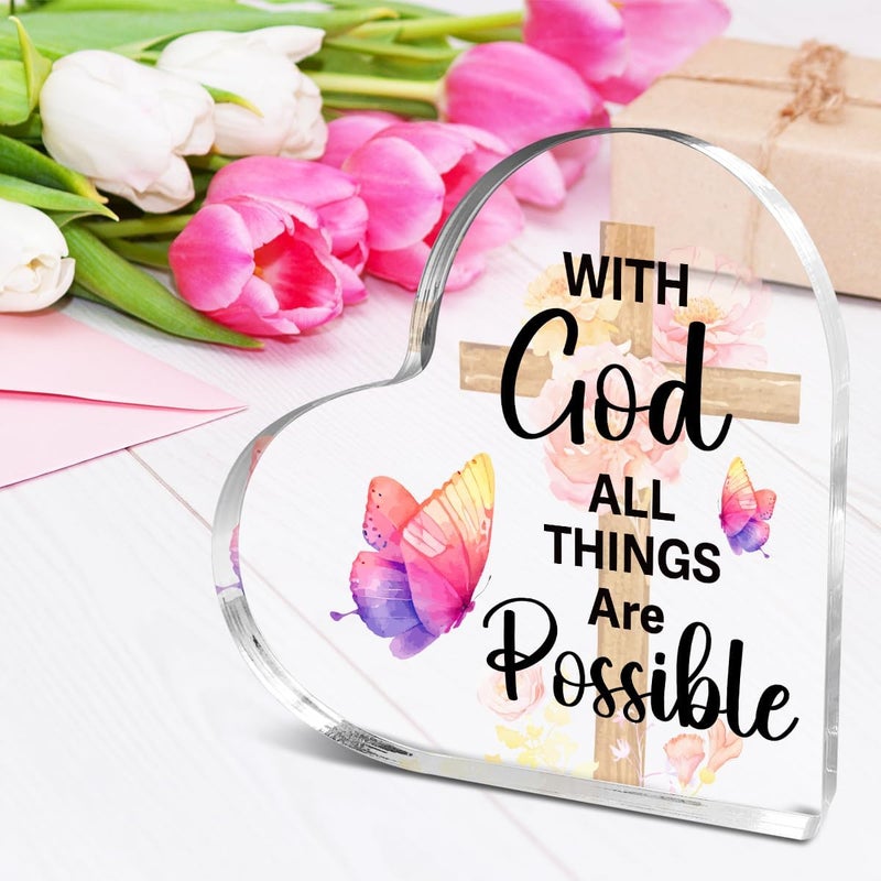 Littlefa Christian Gifts for Women Girls,Religious Spiritual Gifts for Female Coworker Friends,Bible Verse Quote With God All Things Are Possible Acrylic Heart Plaque Decorative Signs Chosen - Image 3