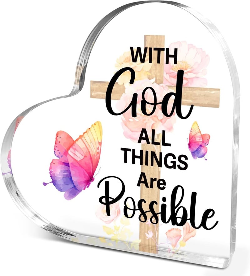 Littlefa Christian Gifts for Women Girls,Religious Spiritual Gifts for Female Coworker Friends,Bible Verse Quote With God All Things Are Possible Acrylic Heart Plaque Decorative Signs Chosen - Image 1