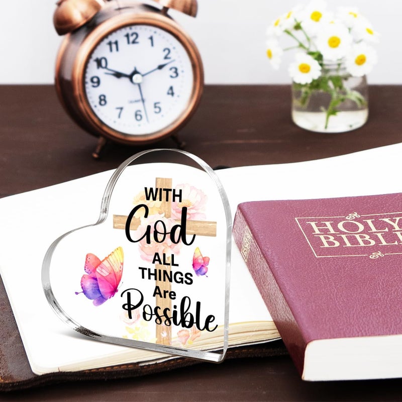 Littlefa Christian Gifts for Women Girls,Religious Spiritual Gifts for Female Coworker Friends,Bible Verse Quote With God All Things Are Possible Acrylic Heart Plaque Decorative Signs Chosen - Image 5