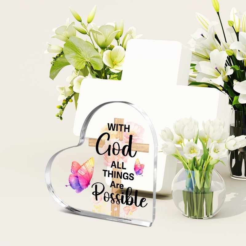 Littlefa Christian Gifts for Women Girls,Religious Spiritual Gifts for Female Coworker Friends,Bible Verse Quote With God All Things Are Possible Acrylic Heart Plaque Decorative Signs Chosen - Image 4