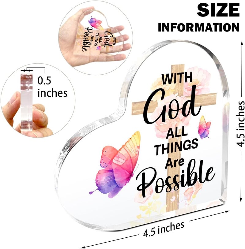Littlefa Christian Gifts for Women Girls,Religious Spiritual Gifts for Female Coworker Friends,Bible Verse Quote With God All Things Are Possible Acrylic Heart Plaque Decorative Signs Chosen - Image 2